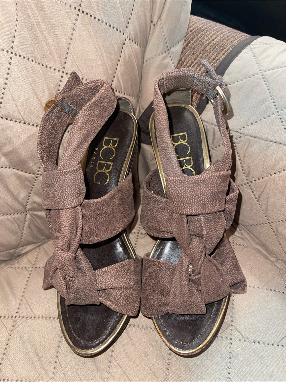 BCBG Paris Taupe Knotted Strap Sandals